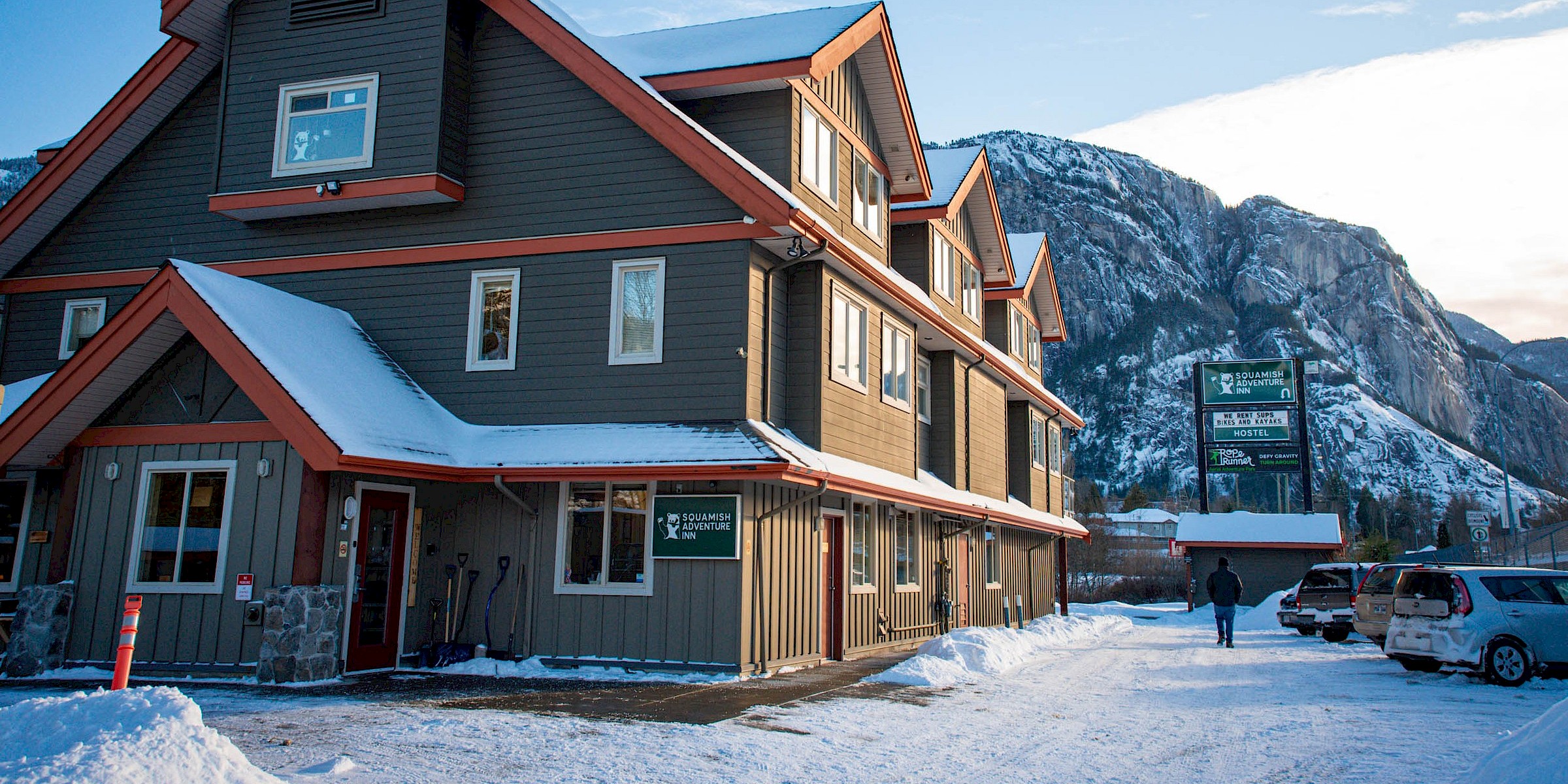 The Squamish Adventure Inn on a snowy day