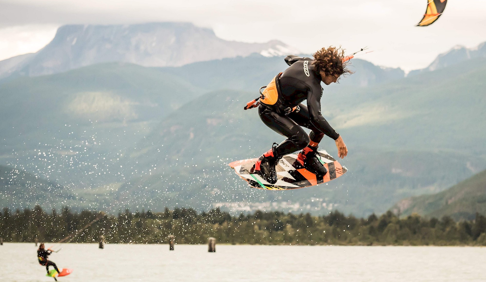 Kiteboarder getting air with Garibaldi in the background