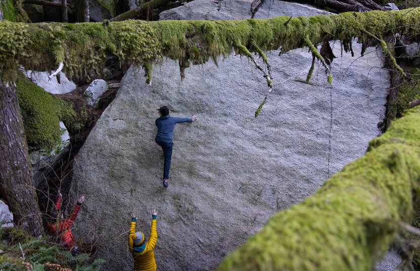 Climber working his way along Skywalker with the view of Howe Sound below